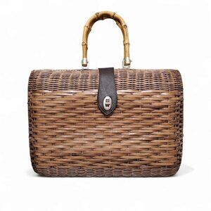 DORETTE Vintage Handbag Rattan Woven Wicker Natural Leather Bamboo Basket Bag